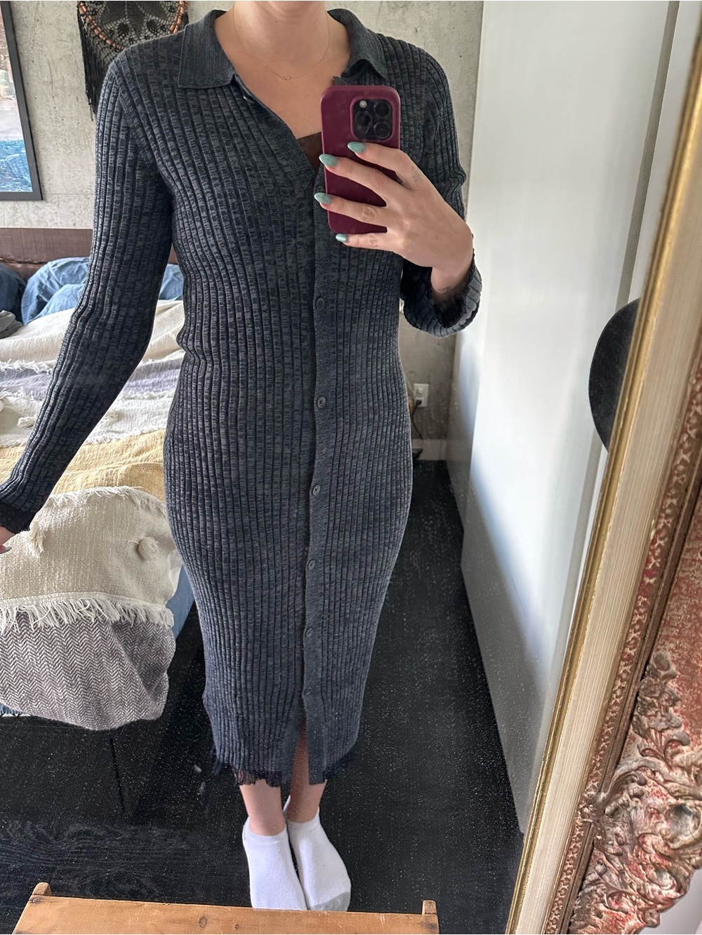 Long Ribbed Button-Front Knit Dress - Gray - Picture 2 of 3